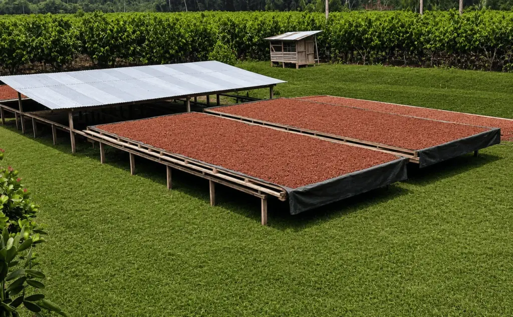 Zonnedrogers voor cacao in het inzamelcentrum